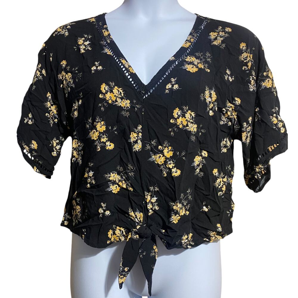 LUQ black and yellow floral slightly cropped tie front blouse with flowy sleeves